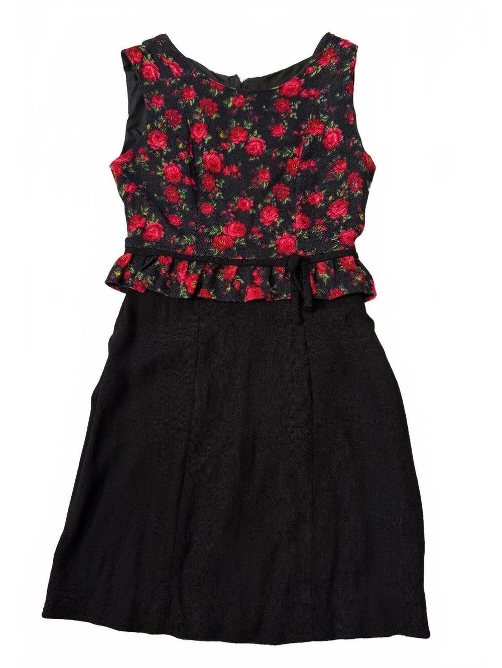 Vintage 1950s Black Red Rose Floral Peplum Wiggle Dress XS